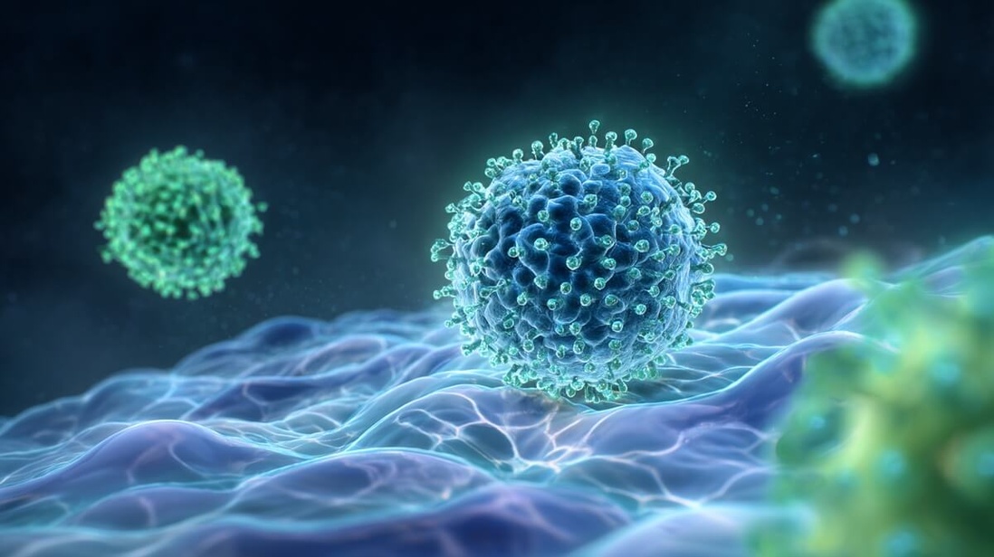 Illustration d'un virus de la grippe à la surface d'une cellule humaine, montrant l'interaction entre les deux © SeniorActu Illustration d'un virus de la grippe à la surface d'une cellule humaine, montrant l'interaction entre les deux © SeniorActu