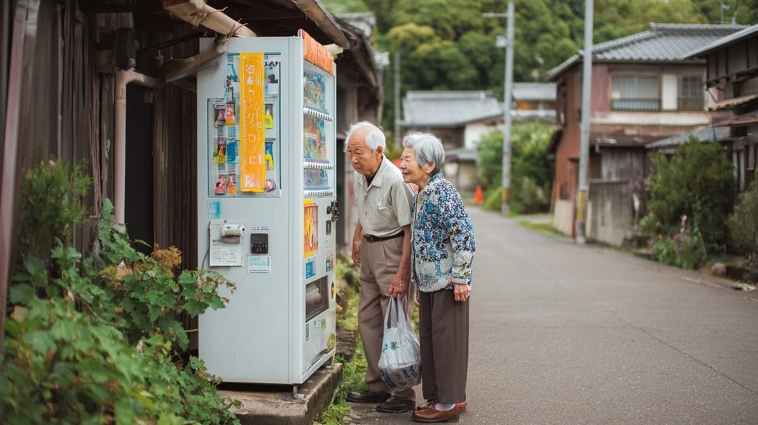 Un couple âgé japonais utilisant un distributeur automatique de boissons dans une rue calme d'un village rural au Japon © SeniorActu Un couple âgé japonais utilisant un distributeur automatique de boissons dans une rue calme d'un village rural au Japon © SeniorActu