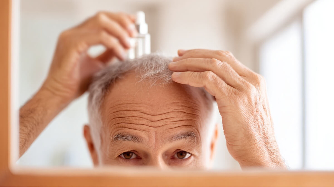 Un senior tient un flacon de lotion capillaire devant son miroir, regardant son crâne dégarni © SeniorActu