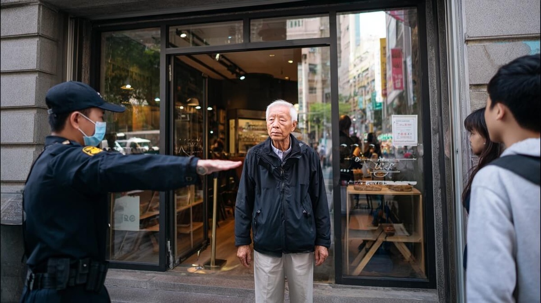 Vigile interdisant l'entrée d'un commerce à une personne âgée dans une rue de Tokyo © SeniorActu