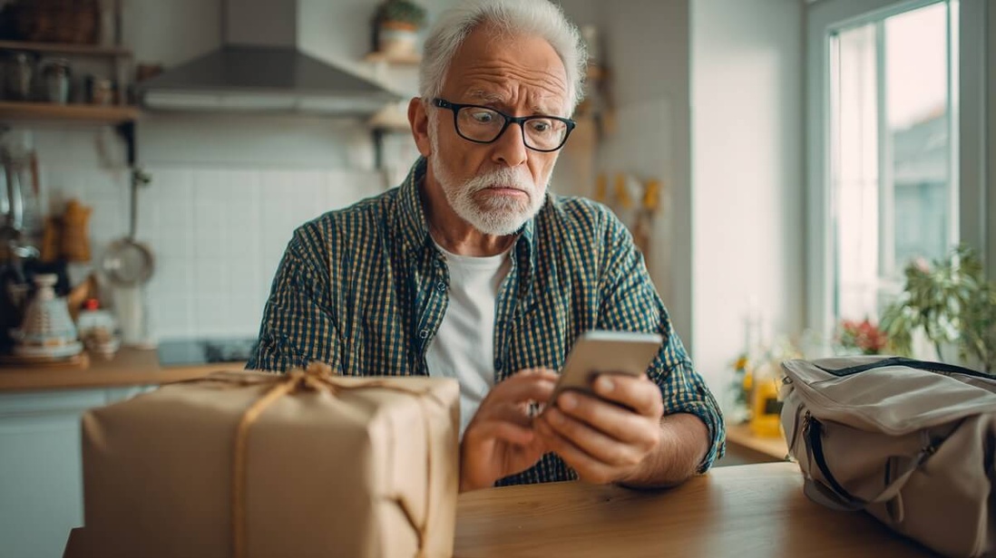 Gérard découvre un email suspect sur son téléphone, un colis prêt à être expédié  © SeniorActu