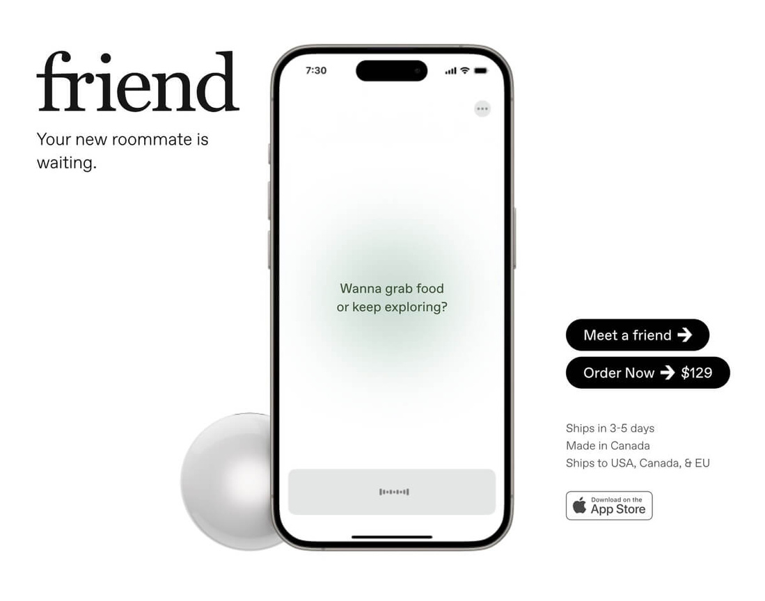 Site friend.com : le pendentif IA Friend et son application smartphone — capture d'écran du site officiel © Friend.com