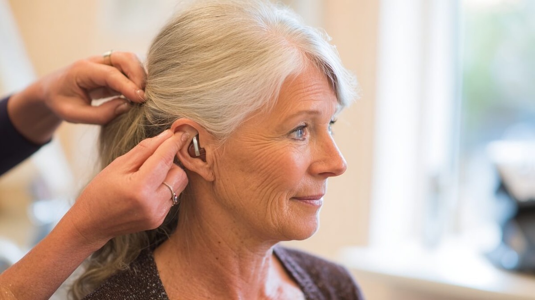 Femme senior de 70 ans se fait ajuster un appareil auditif par un audioprothésiste © SeniorActu Femme senior de 70 ans se fait ajuster un appareil auditif par un audioprothésiste © SeniorActu