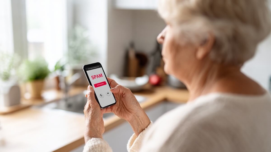 Un appel suspect s'affiche sur l'écran d'un smartphone tenu par une senior © SeniorActu