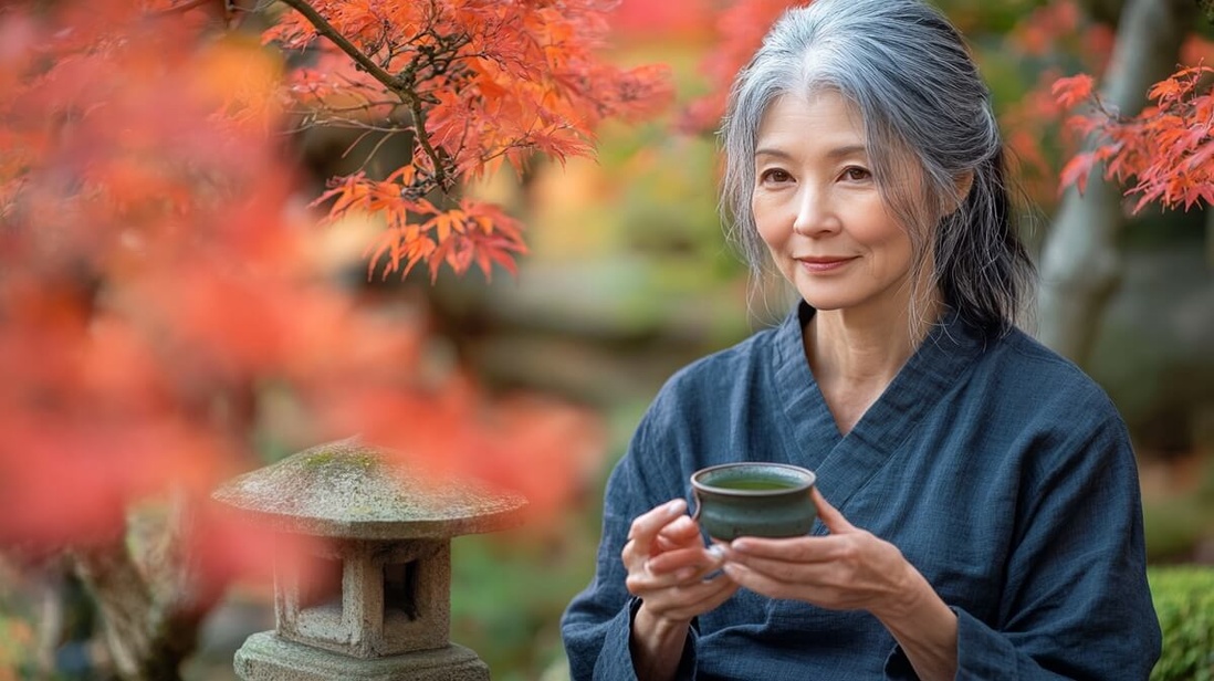 Femme japonaise élégante d'une cinquantaine d'années savourant un thé vert dans un jardin traditionnel en automne © SeniorActu