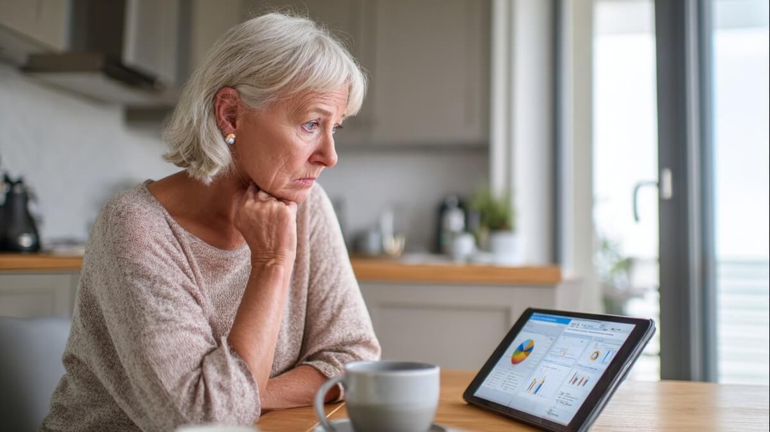 Une femme retraitée regarde avec inquiétude un article sur l'avenir des retraites sur sa tablette © SeniorActu
