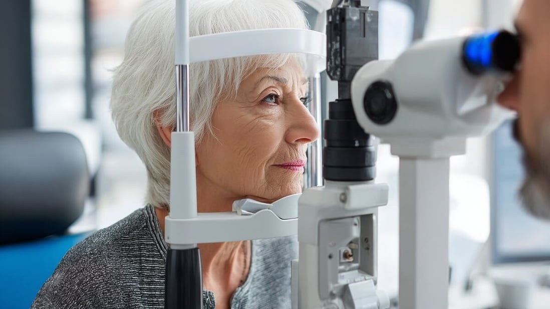 Senior de 70 ans examinée par un ophtalmologiste pour dépistage de la cataracte © SeniorActu Senior de 70 ans examinée par un ophtalmologiste pour dépistage de la cataracte © SeniorActu