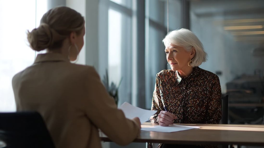 Femme senior avec un conseiller retraite dans un bureau CARSAT © SeniorActu Femme senior avec un conseiller retraite dans un bureau CARSAT © SeniorActu