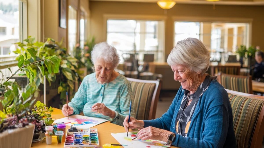 Deux résidentes participent à un atelier de peinture dans l'espace commun d'une résidence autonomie © SeniorActu