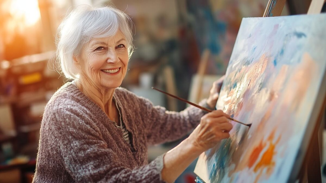 Une femme peint sur une toile dans un atelier d'art, illustrant les bienfaits de l'art-thérapie chez les seniors © SeniorActu