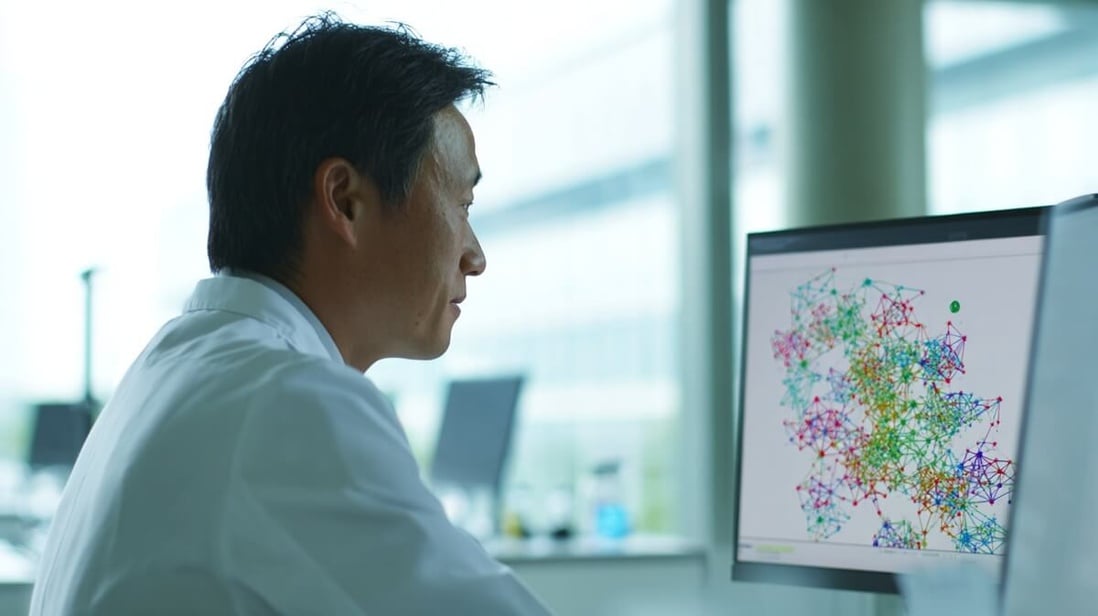 Chercheur observant une cartographie de réseaux génétiques liés à Alzheimer © SeniorActu Chercheur observant une cartographie de réseaux génétiques liés à Alzheimer © SeniorActu