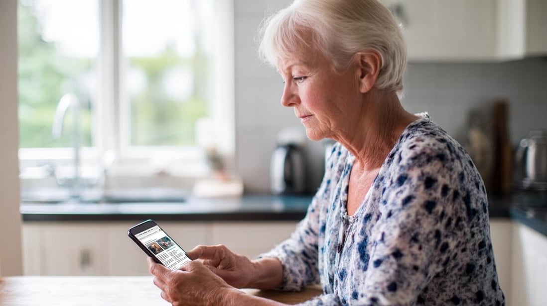 Une femme senior consulte le fil d'actualités sur son smartphone © SeniorActu Une femme senior consulte le fil d'actualités sur son smartphone © SeniorActu