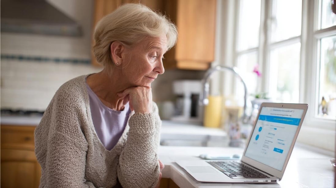 Une retraitée regarde un mail frauduleux imitant l'Assurance maladie © SeniorActu Une retraitée regarde un mail frauduleux imitant l'Assurance maladie © SeniorActu