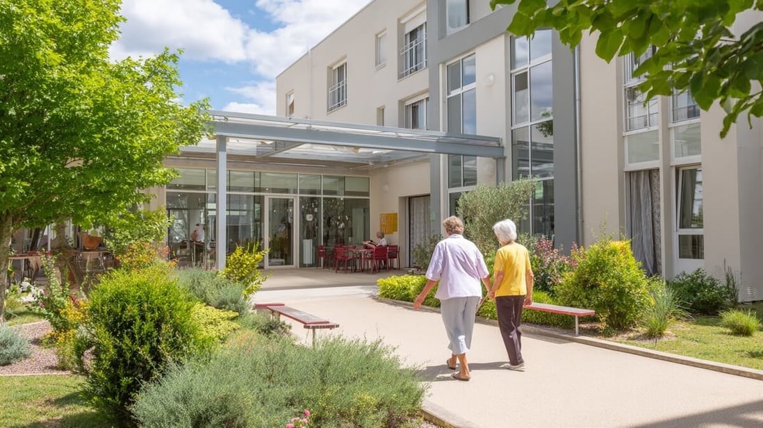 Une femme accompagne sa mère âgée vers l'entrée © SeniorActu Une femme accompagne sa mère âgée vers l'entrée © SeniorActu