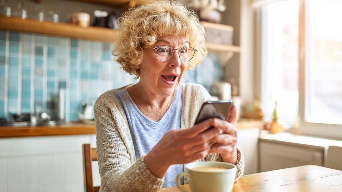 Hélène 61 ans découvre avec surprise sa nouvelle date de départ à la retraite sur son smartphone © SeniorActu Hélène 61 ans découvre avec surprise sa nouvelle date de départ à la retraite sur son smartphone © SeniorActu