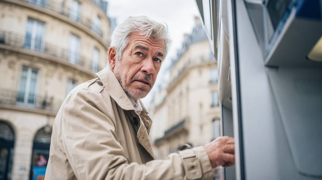 Un retraité inquiet du piratage de ses données personnelles devant un distributeur automatique © SeniorActu Un retraité inquiet du piratage de ses données personnelles devant un distributeur automatique © SeniorActu