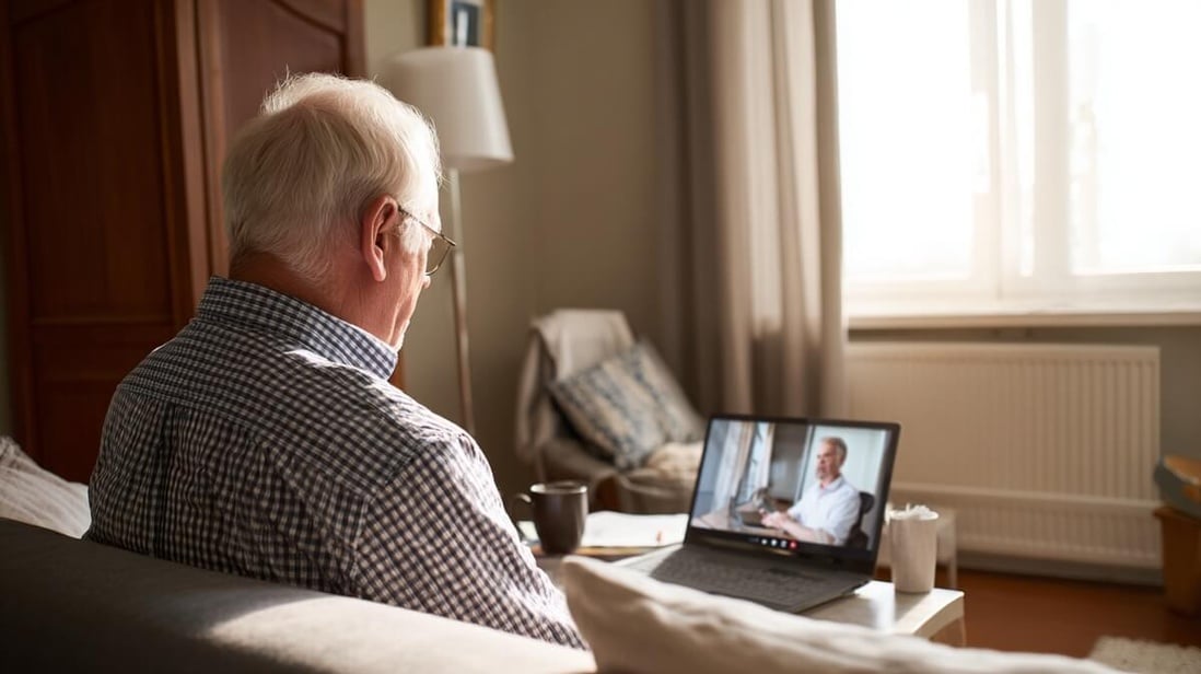 Un retraité participe à un webinaire Agirc-Arrco depuis son salon © SeniorActu Un retraité participe à un webinaire Agirc-Arrco depuis son salon © SeniorActu