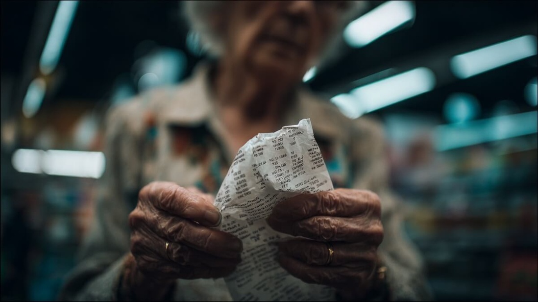 Gros plan sur les mains d'une femme âgée examinant un ticket de caisse au supermarché © SeniorActu