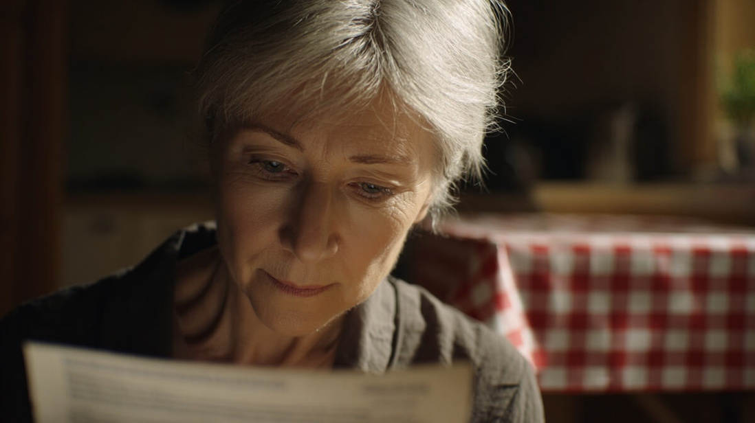 Évelyne, retraitée de 68 ans, lisant un courrier de la CNAV © SeniorActu Évelyne, retraitée de 68 ans, lisant un courrier de la CNAV © SeniorActu