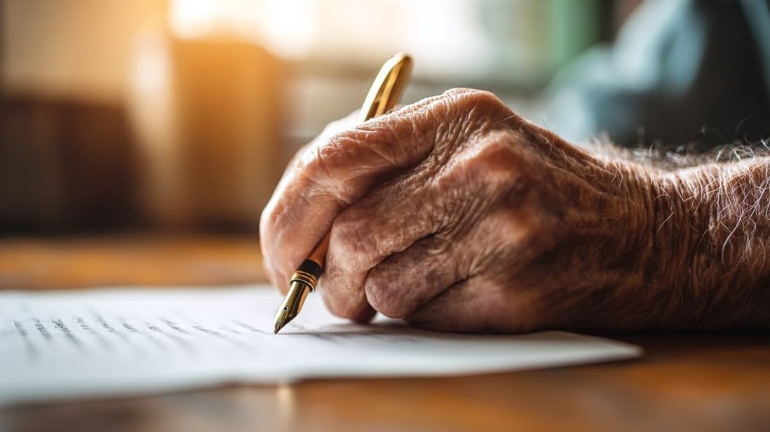 Senior signant un acte de donation chez le notaire © SeniorActu