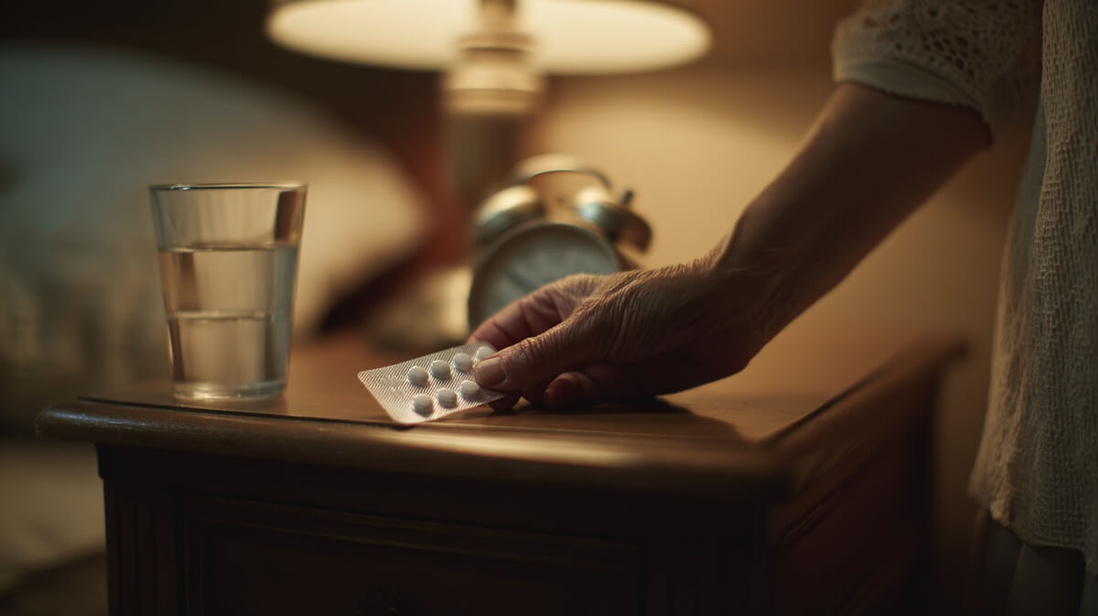 Femme senior tenant une plaquette de somnifères sur une table de nuit © SeniorActu