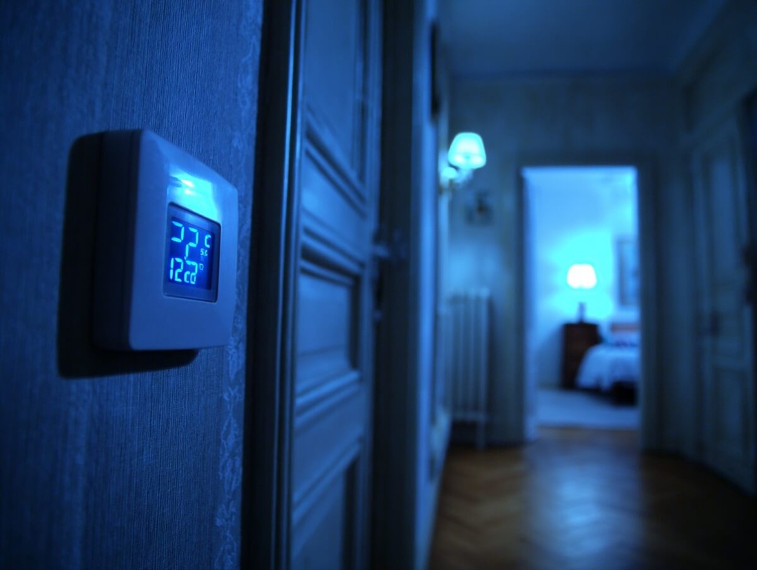 Un thermostat digital affiche la température la nuit © SeniorActu