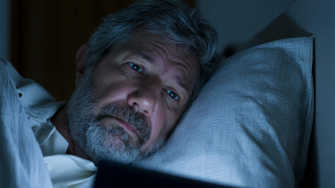 Senior français réveillé en pleine nuit regardant son réveil © SeniorActu