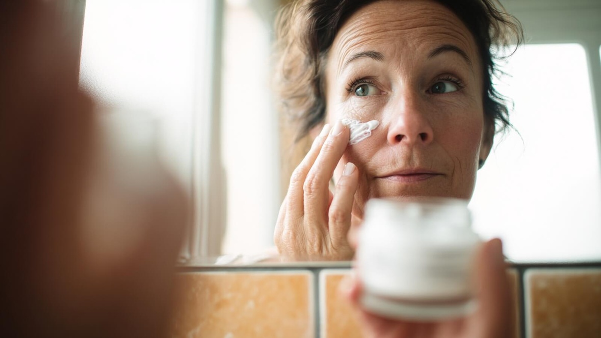 Une femme de 50 ans lors de sa routine anti-ride matinale © SeniorActu