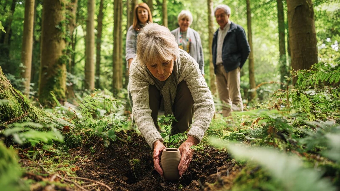 Une famille rassemblée autour d'une inhumation d'urne biodégradable en pleine forêt, illustration des nouvelles obsèques écologiques © SeniorActu.com