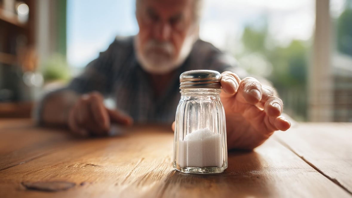 Un enior français s'apprête à saisir une salière posée sur la table © SeniorActu.com Un enior français s'apprête à saisir une salière posée sur la table © SeniorActu.com