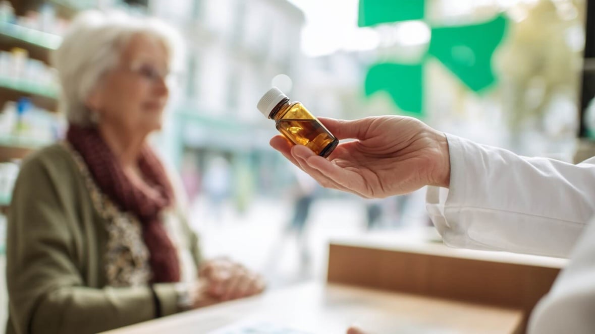 Pharmacien tend un flacon de vitamine D à une cliente senior Pharmacien tend un flacon de vitamine D à une cliente senior
