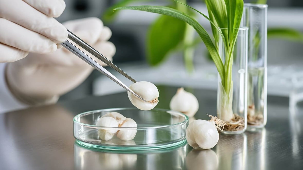 Bulbes de perce-neige et plant de tabac sur paillasse de laboratoire © SeniorActu.com Bulbes de perce-neige et plant de tabac sur paillasse de laboratoire © SeniorActu.com
