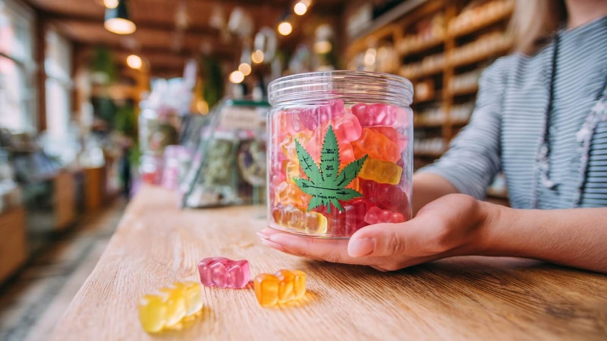 Senior française tenant un pot de gummies au CBD dans une boutique spécialisée © SeniorActu.com Senior française tenant un pot de gummies au CBD dans une boutique spécialisée © SeniorActu.com