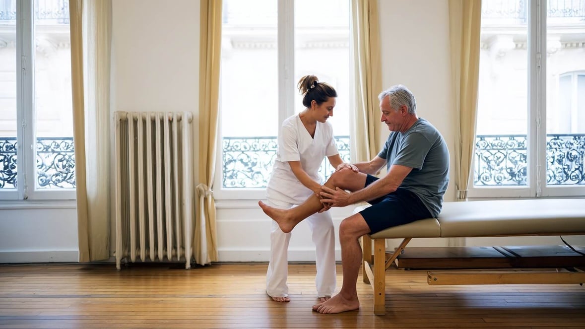 Kinésithérapeute français accompagnant un senior dans un exercice de renforcement du quadriceps en cabinet © SeniorActu.com
