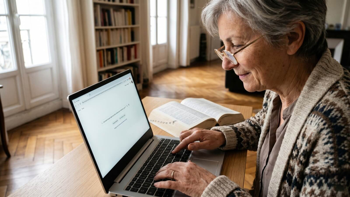 Une femme senior utilise l'assistant IA Dis-moi Robert pour vérifier une règle de français © SeniorActu.com