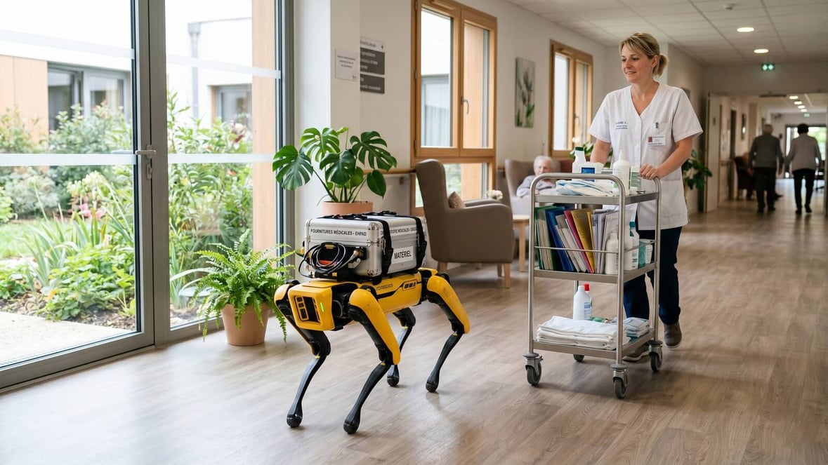 Robot quadrupède dans un couloir d'EHPAD aux côtés d'une soignante © SeniorActu.com Robot quadrupède dans un couloir d'EHPAD aux côtés d'une soignante © SeniorActu.com
