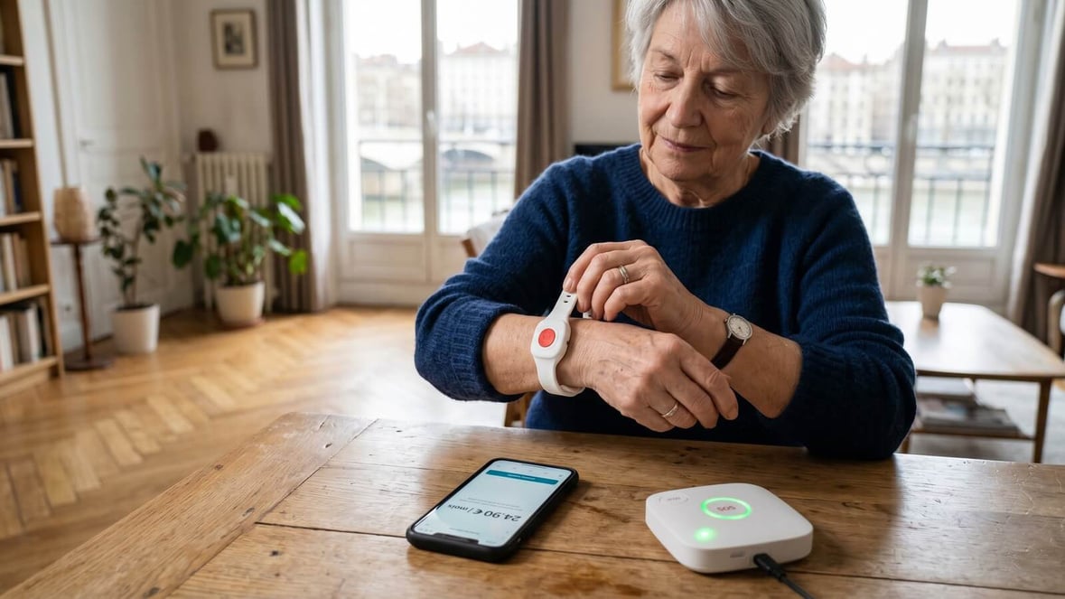 Senior européenne ajuste son bracelet de téléassistance à domicile avec bouton SOS © SeniorActu.com
