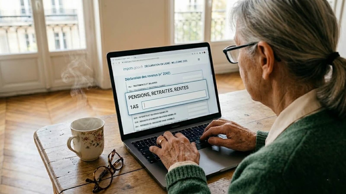 Senior saisit sa déclaration de revenus en ligne sur impots.gouv.fr en vérifiant la case 1AS © SeniorActu.com