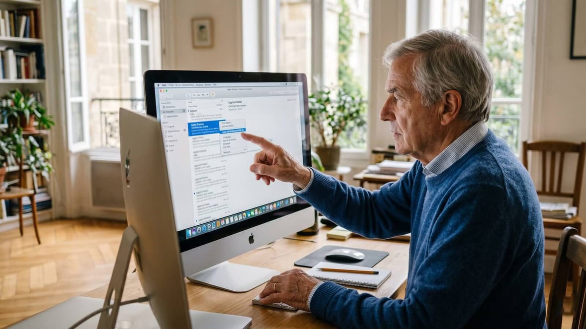 Senior français vérifie l'expéditeur réel d'un faux mail Apple sur son Mac ©SeniorActu.com Senior français vérifie l'expéditeur réel d'un faux mail Apple sur son Mac ©SeniorActu.com