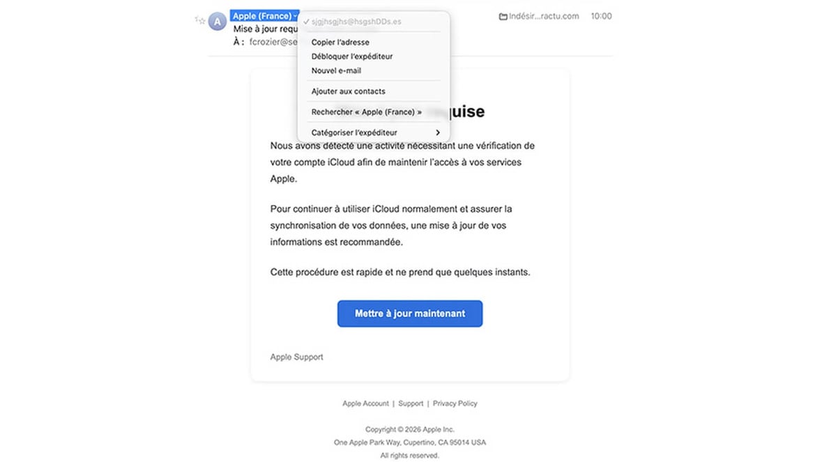 Capture écran du message de pishing avec révélation de l'adresse expéditrice © SeniorActu.com Capture écran du message de pishing avec révélation de l'adresse expéditrice © SeniorActu.com