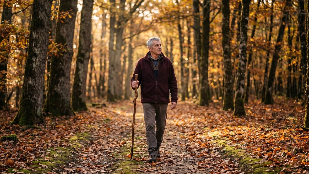 Senior européen marche en forêt limousine © SeniorActu.Com
