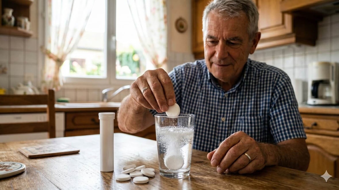 Un senior européen verse un comprimé effervescent dans un verre d'eau le matin © SeniorActu.com Un senior européen verse un comprimé effervescent dans un verre d'eau le matin © SeniorActu.com