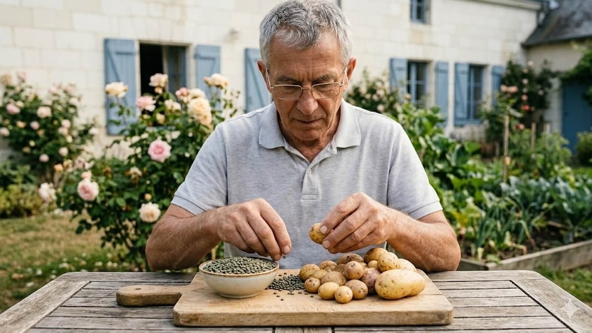 Un senior trie pommes de terre et légumineuses dans son jardin © SeniorActu.com