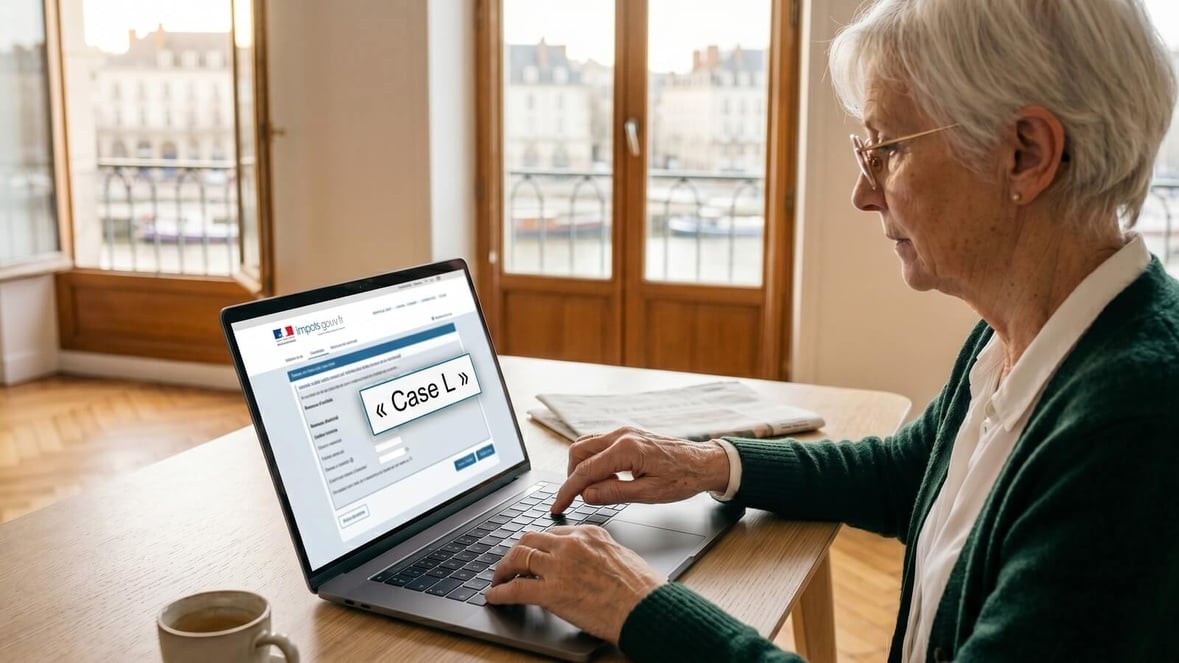 Retraitée veuve qui vérifie la case L sur sa déclaration de revenus 2026 en ligne © SeniorActu.com Retraitée veuve qui vérifie la case L sur sa déclaration de revenus 2026 en ligne © SeniorActu.com
