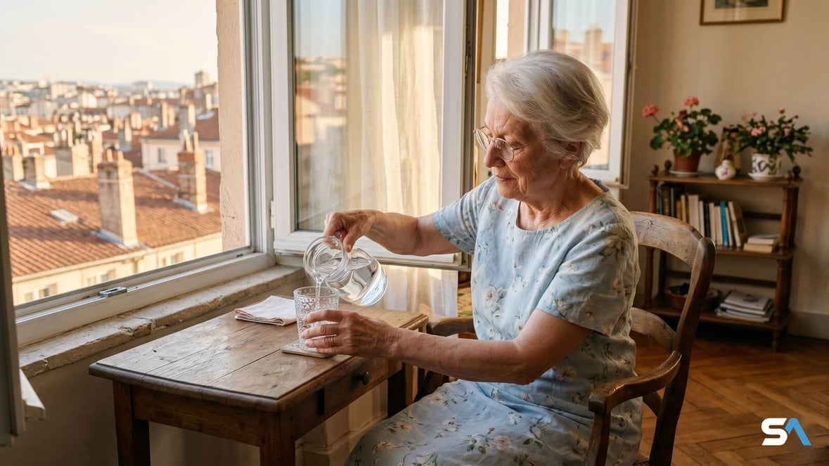 Femme senior pensant à s'hysdrater pendant la canicule © SeniorActu.com Femme senior pensant à s'hysdrater pendant la canicule © SeniorActu.com