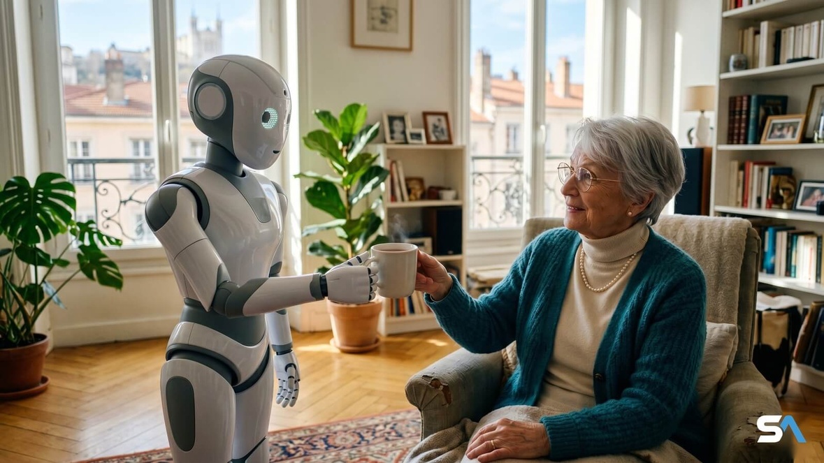 Mise en scène fictive d'une retraitée servie par son robot d'aide à domicile © SeniorActu.com