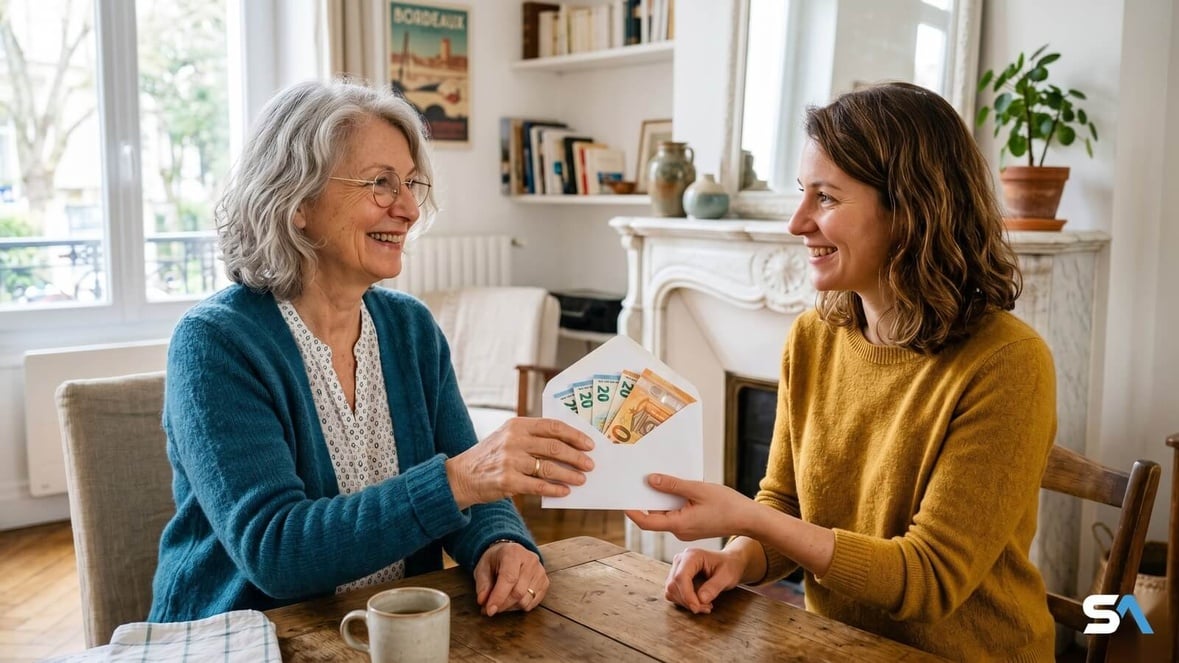 Une retraitée remet une enveloppe d'argent à sa fille adulte © SeniorActu.com Une retraitée remet une enveloppe d'argent à sa fille adulte © SeniorActu.com