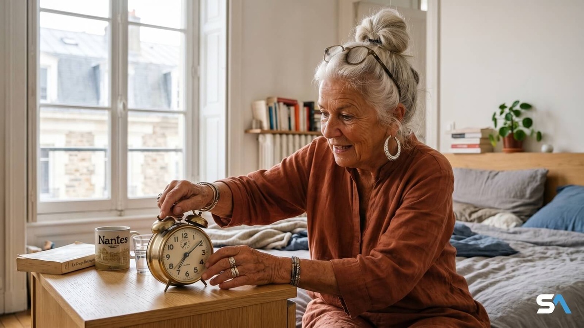 Femme senior ajustant l'heure de son réveil matin © SeniorActu.com