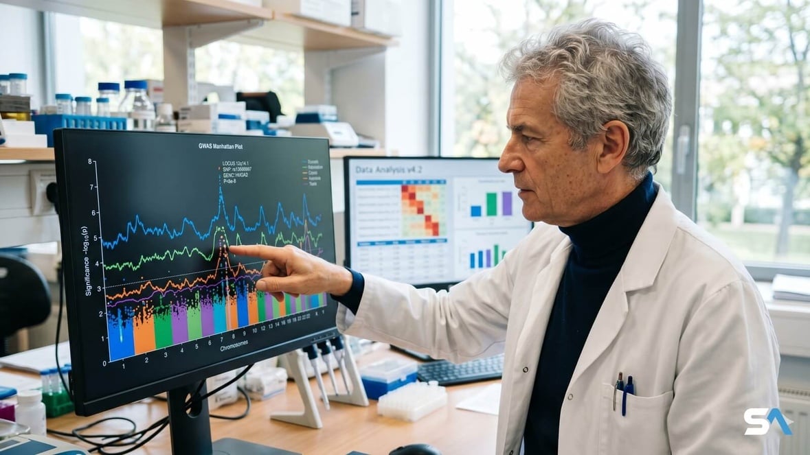 Un chercheur pointe une analyse génomique sur un écran de données © SeniorActu.com