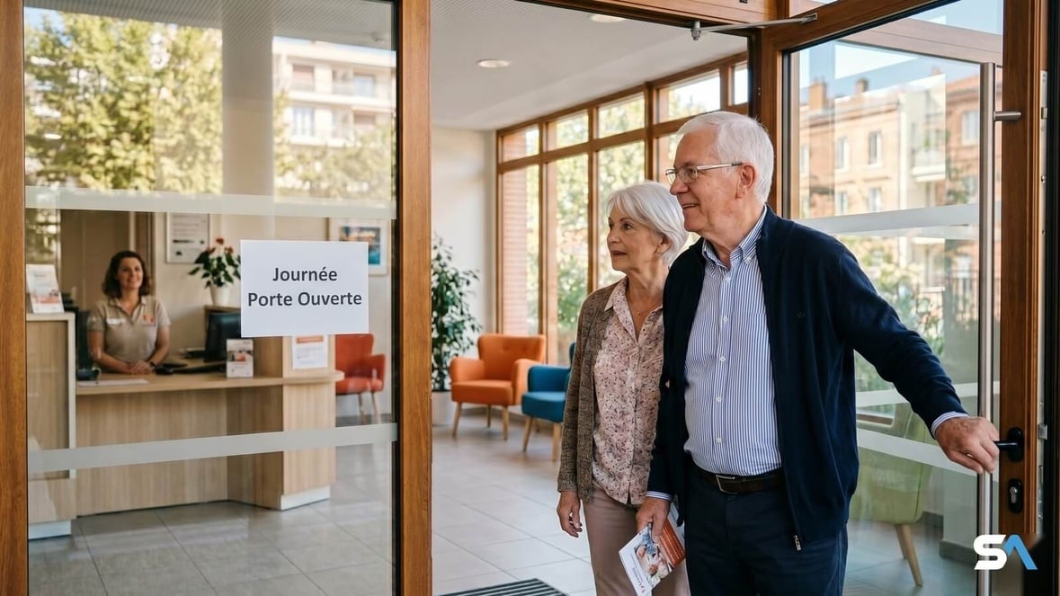 Un couple senior pousse la porte d'un Ehpad à l'occasion d'une journée porte ouverte © SeniorActu.com